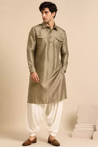 Rust gold bemberg silk kurta set