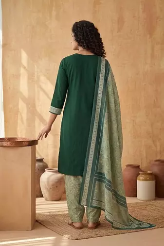 Green printed cotton blend stitched floral print salwar kurta dupatta for women