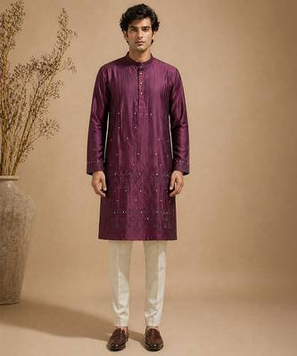 Purple embroidered chanderi kurta set 1