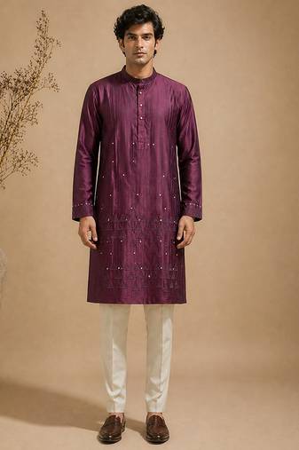 Purple embroidered chanderi kurta set