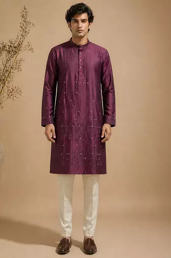 Purple embroidered chanderi kurta set
