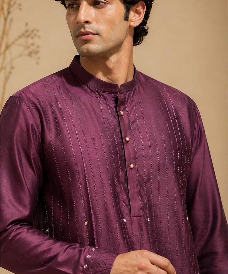 Purple embroidered chanderi kurta set