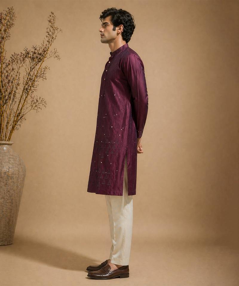 Purple embroidered chanderi kurta set