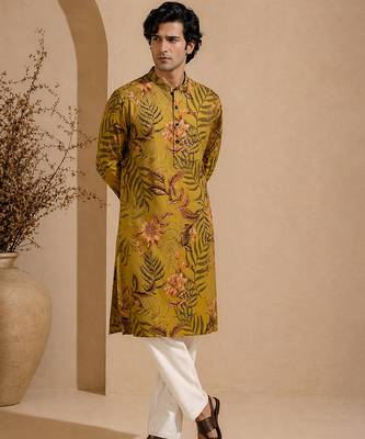 Mustard yellow printed cotton kurta set 1