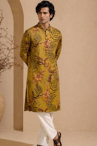 Mustard yellow printed cotton kurta set