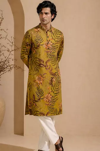 Mustard yellow printed cotton kurta set