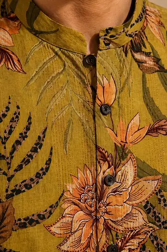 Mustard yellow printed cotton kurta set