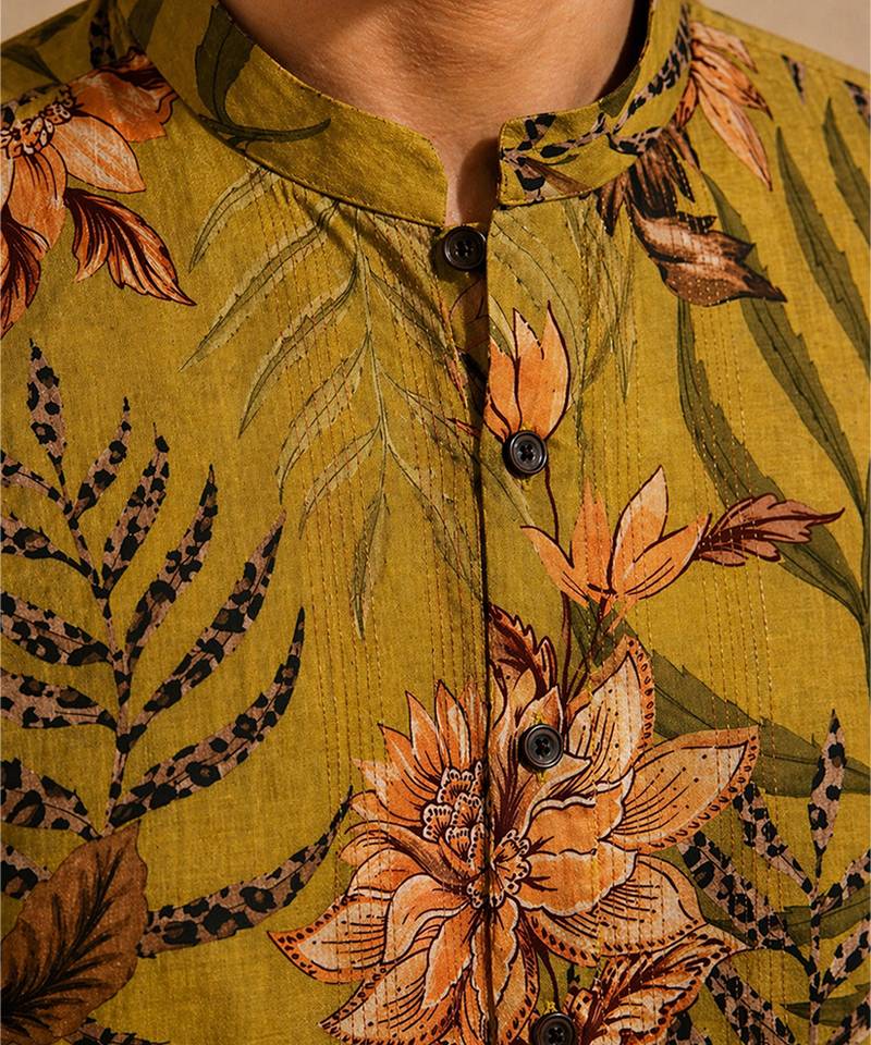 Mustard yellow printed cotton kurta set