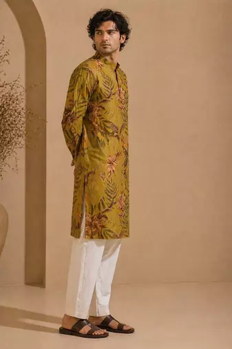 Mustard yellow printed cotton kurta set