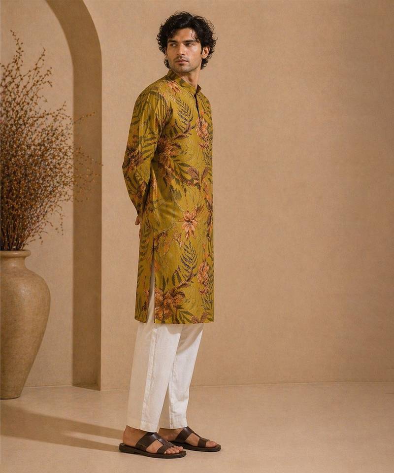 Mustard yellow printed cotton kurta set