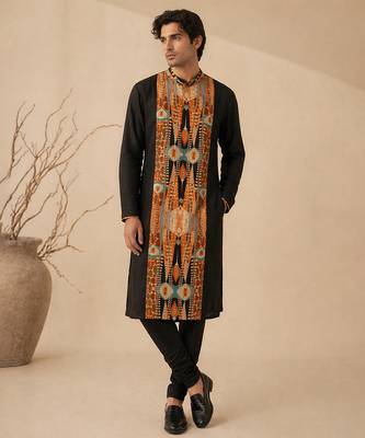 Black printed bemberg silk kurta set 1