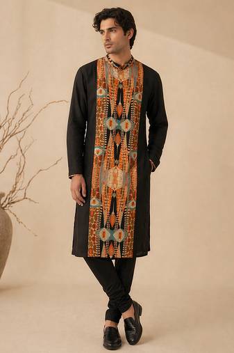 Black printed bemberg silk kurta set