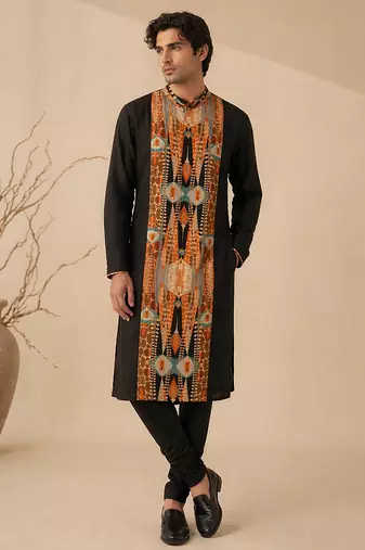 Black printed bemberg silk kurta set