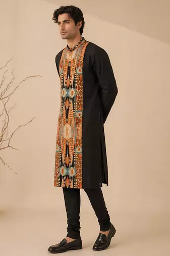 Black printed bemberg silk kurta set