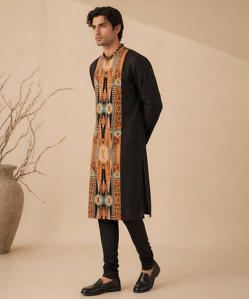 Black printed bemberg silk kurta set