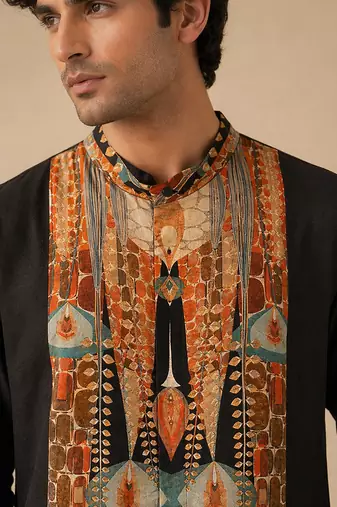 Black printed bemberg silk kurta set
