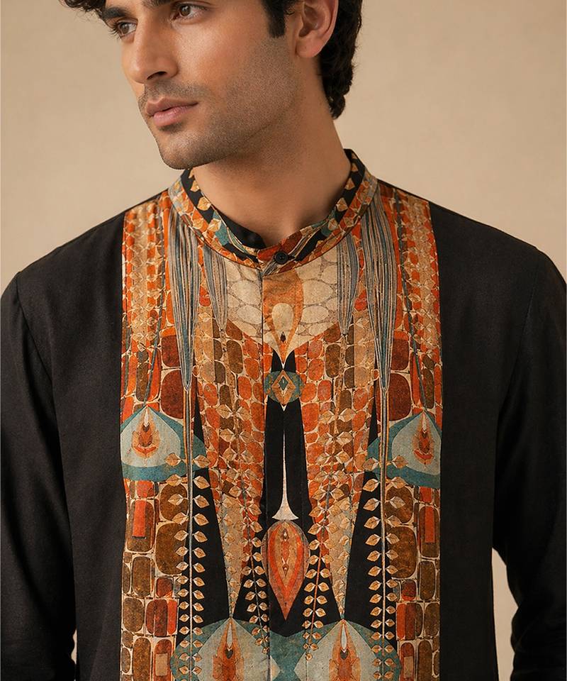 Black printed bemberg silk kurta set