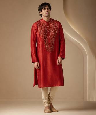 Red embroidered bemberg silk kurta set 1