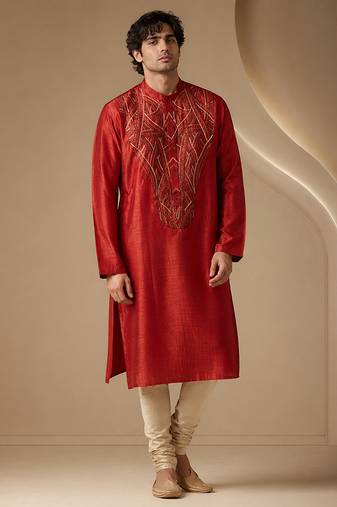 Red embroidered bemberg silk kurta set