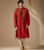 Red embroidered bemberg silk kurta set