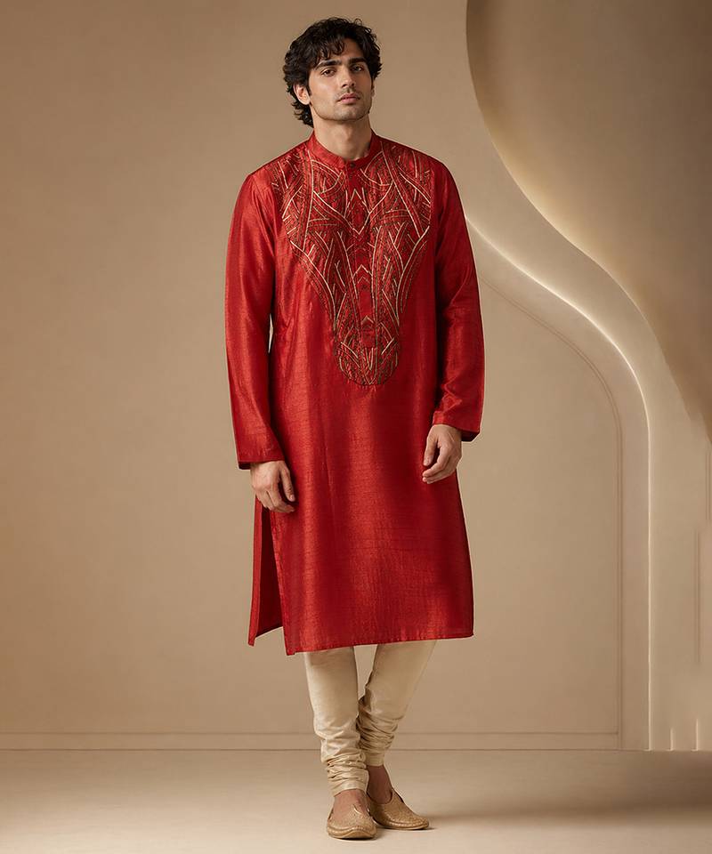 Red embroidered bemberg silk kurta set