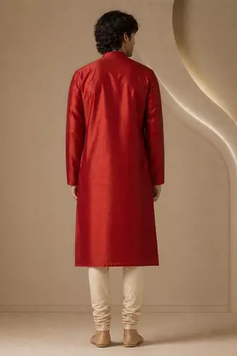 Red embroidered bemberg silk kurta set