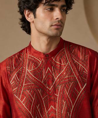Red embroidered bemberg silk kurta set 3