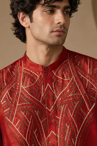 Red embroidered bemberg silk kurta set