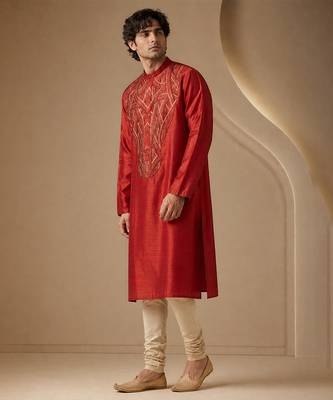 Red embroidered bemberg silk kurta set 4