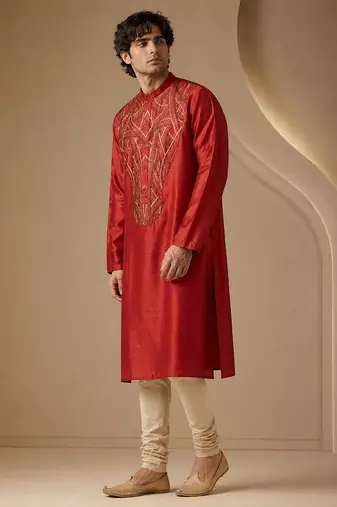 Red embroidered bemberg silk kurta set