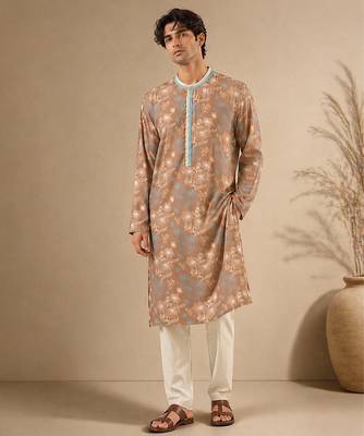 Brown blue printed muslin kurta set 1