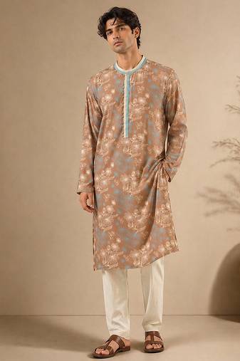 Brown blue printed muslin kurta set