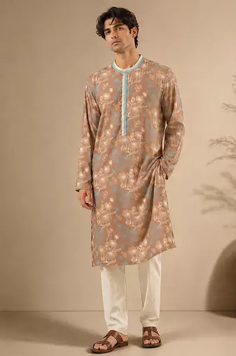 Brown blue printed muslin kurta set