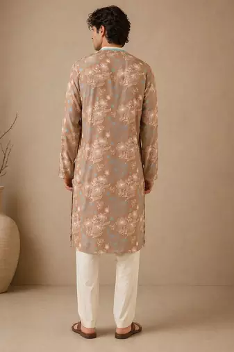 Brown blue printed muslin kurta set