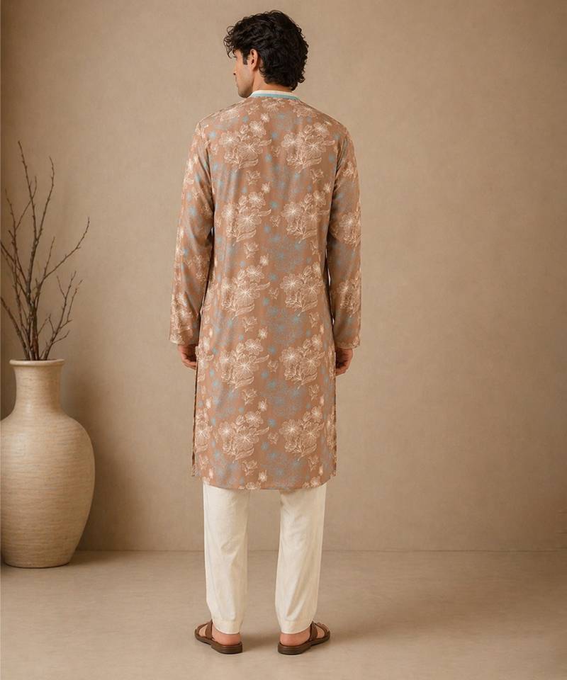 Brown blue printed muslin kurta set