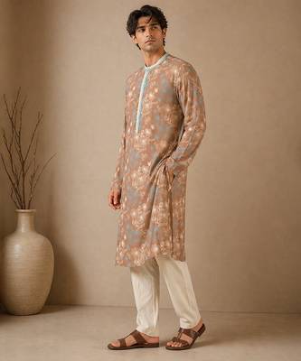 Brown blue printed muslin kurta set 3