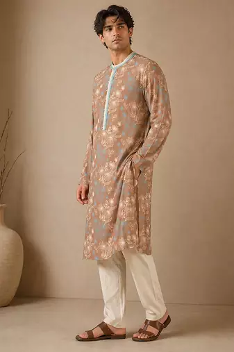 Brown blue printed muslin kurta set