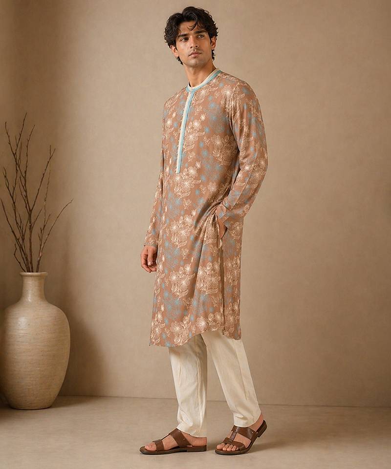 Brown blue printed muslin kurta set
