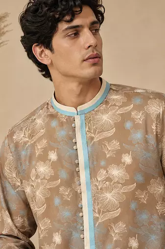 Brown blue printed muslin kurta set