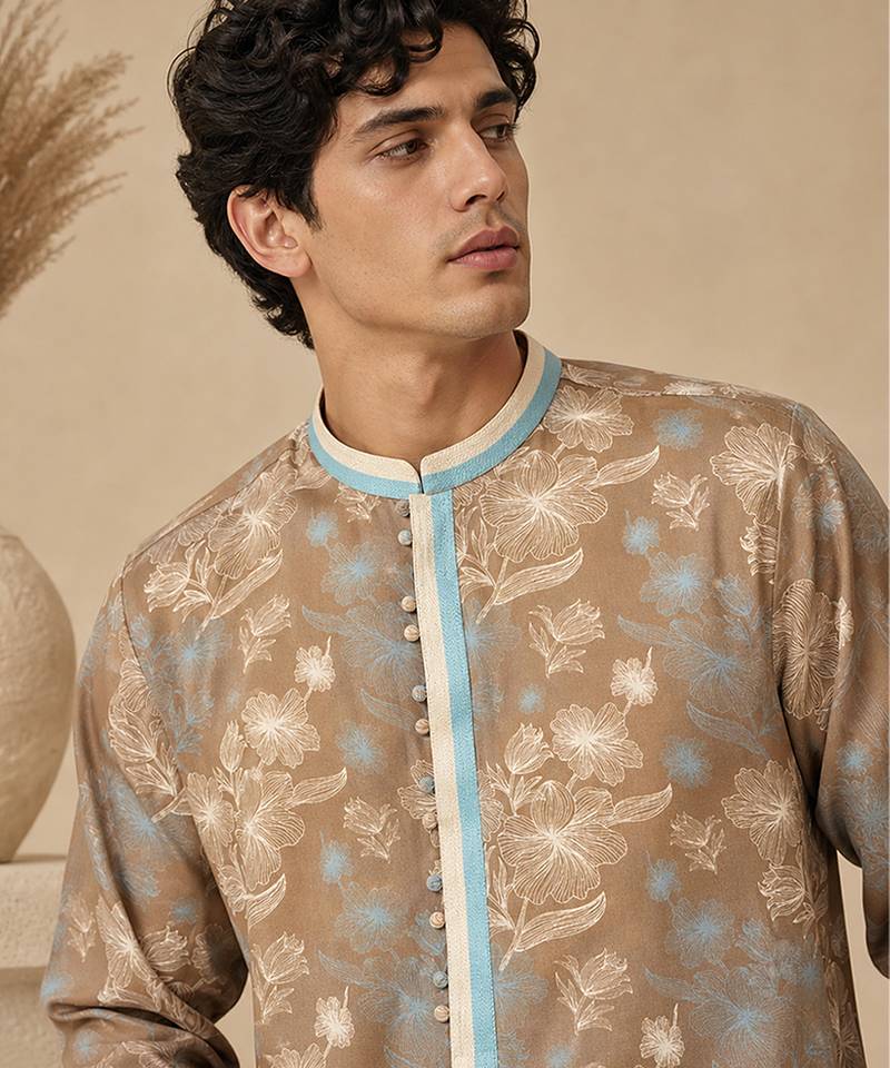 Brown blue printed muslin kurta set