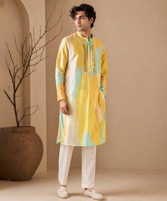 Yellow blue printed muslin kurta set 1