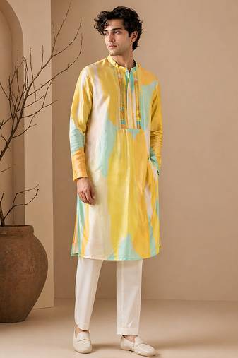 Yellow blue printed muslin kurta set