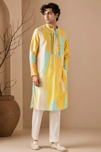 Yellow blue printed muslin kurta set