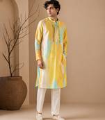 Yellow blue printed muslin kurta set