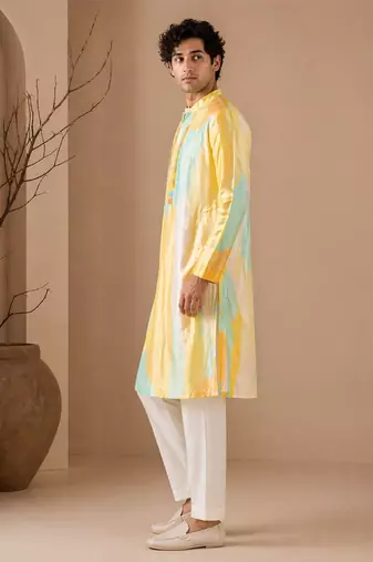 Yellow blue printed muslin kurta set
