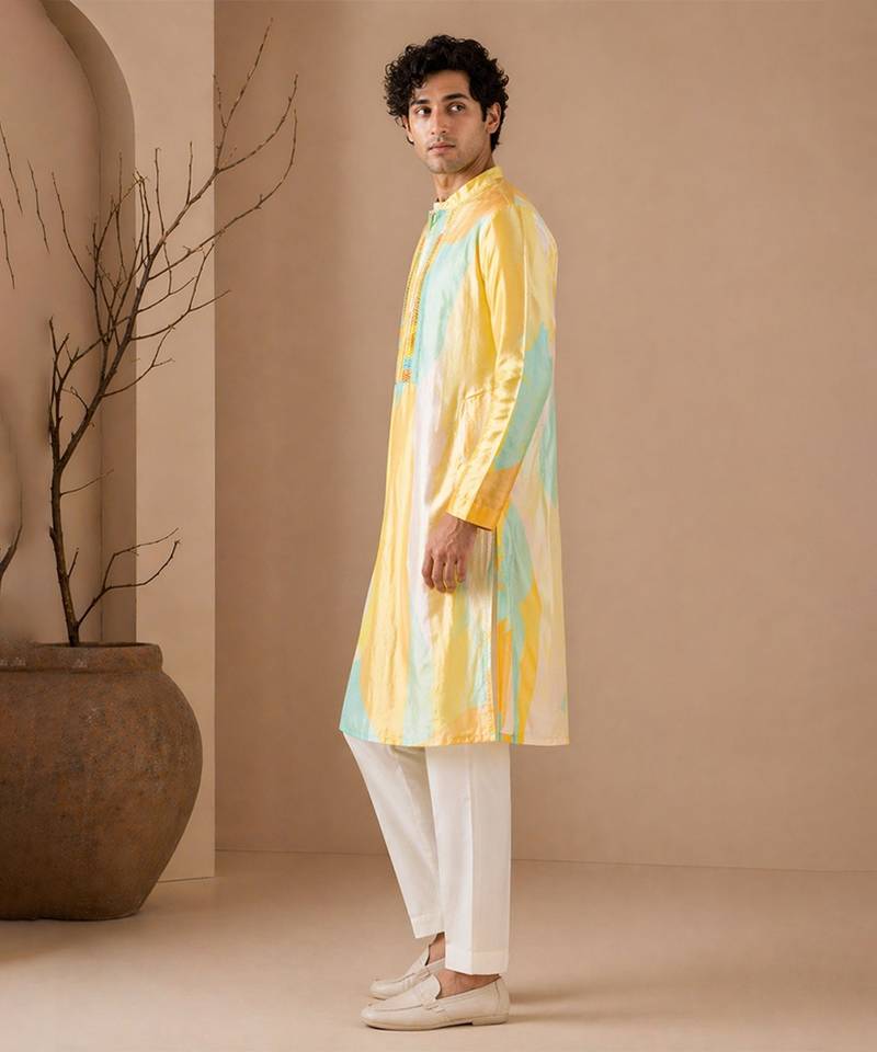 Yellow blue printed muslin kurta set