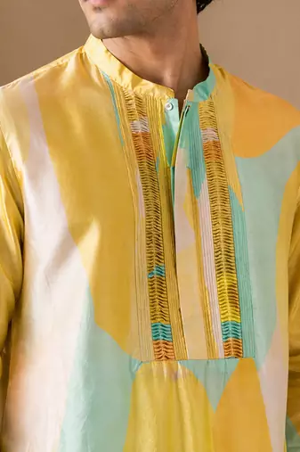 Yellow blue printed muslin kurta set
