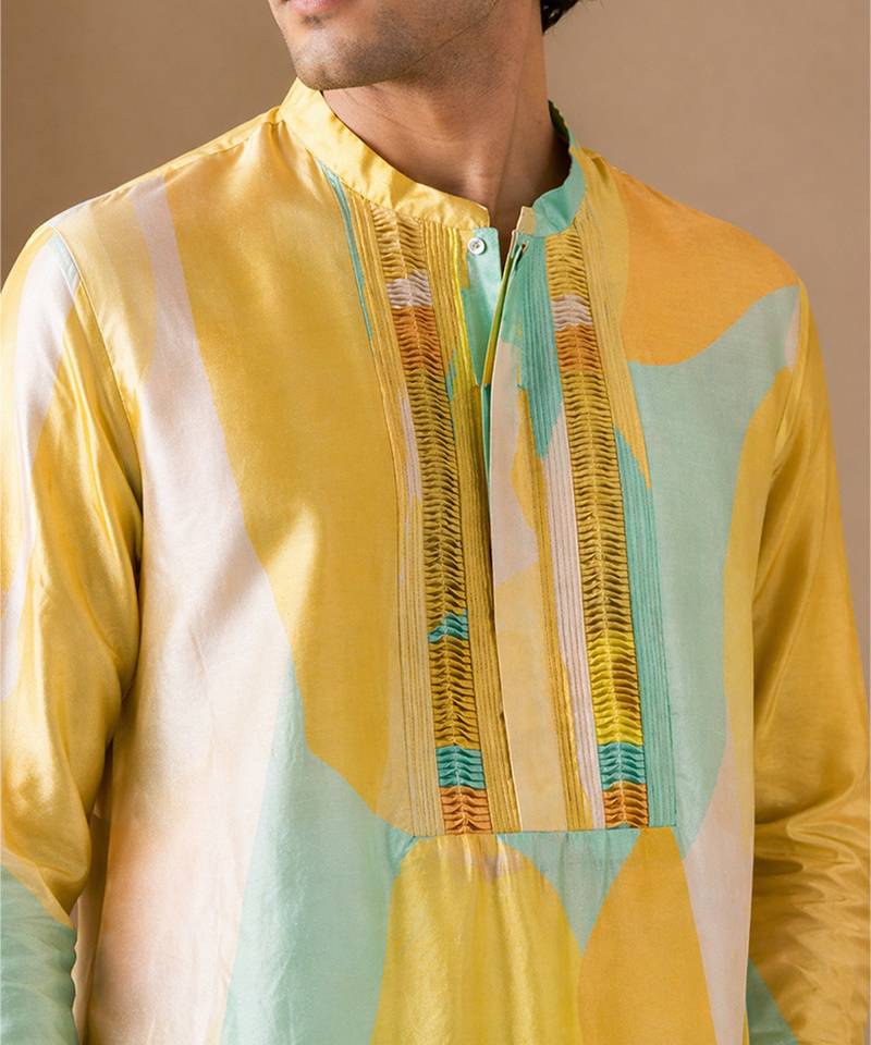 Yellow blue printed muslin kurta set