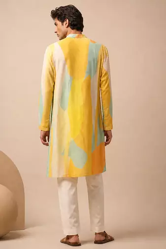 Yellow blue printed muslin kurta set