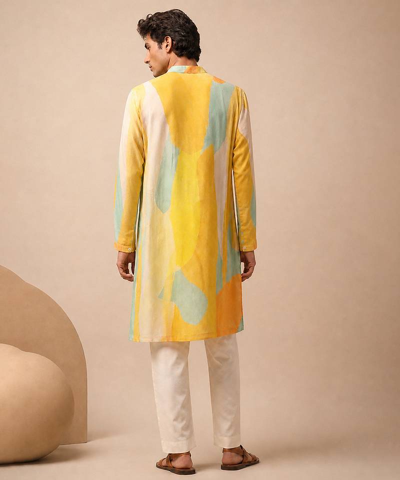 Yellow blue printed muslin kurta set